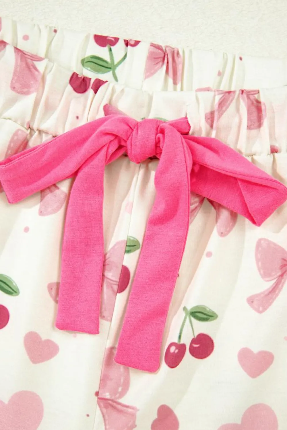 Hot Dear-Lover Bow Fruit Print Contrast Pipping Short Pajamas Set Beige