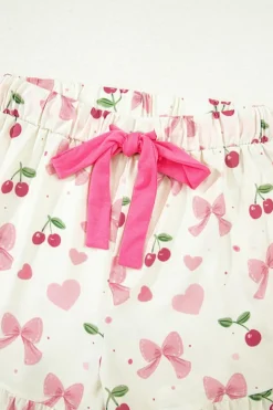Hot Dear-Lover Bow Fruit Print Contrast Pipping Short Pajamas Set Beige