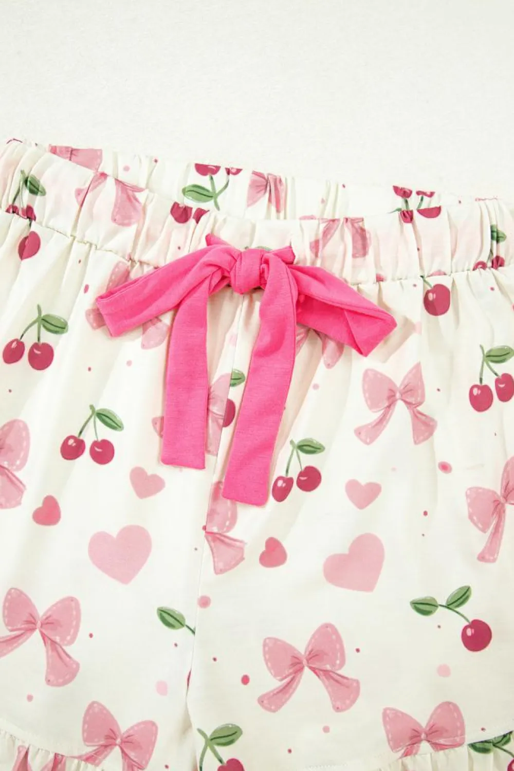 Hot Dear-Lover Bow Fruit Print Contrast Pipping Short Pajamas Set Beige