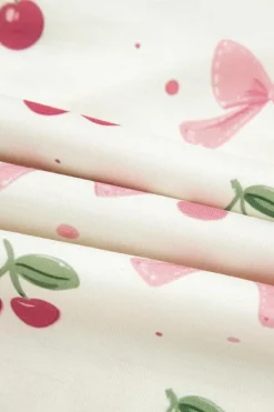 Hot Dear-Lover Bow Fruit Print Contrast Pipping Short Pajamas Set Beige