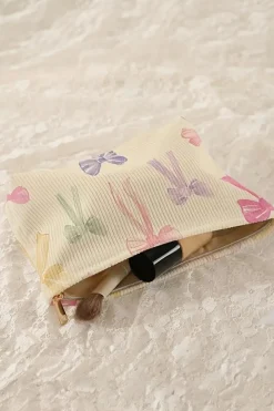 Clearance Dear-Lover Bow Knot Print Zipper Corduroy Large Cosmetic Bag Beige