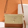 Clearance Dear-Lover Bow Pearl Decor Straw PU Leather Patched Crossbody Bag Beige