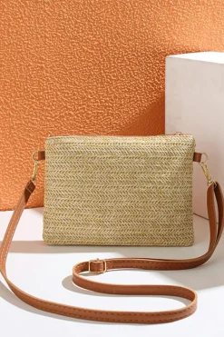 Clearance Dear-Lover Bow Pearl Decor Straw PU Leather Patched Crossbody Bag Beige