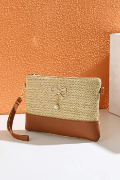 Clearance Dear-Lover Bow Pearl Decor Straw PU Leather Patched Crossbody Bag Beige