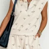 Online Dear-Lover Bow Print Half Zip Tank and Shorts 2pcs Set Beige