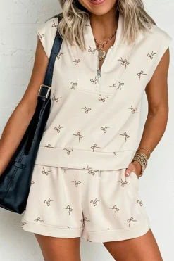 Online Dear-Lover Bow Print Half Zip Tank and Shorts 2pcs Set Beige