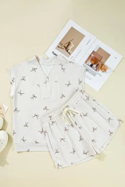 Online Dear-Lover Bow Print Half Zip Tank and Shorts 2pcs Set Beige