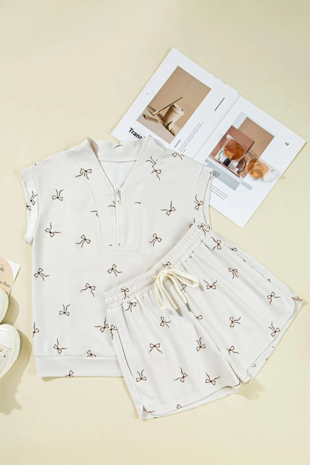 Online Dear-Lover Bow Print Half Zip Tank and Shorts 2pcs Set Beige