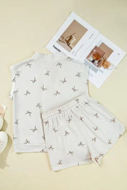 Online Dear-Lover Bow Print Half Zip Tank and Shorts 2pcs Set Beige