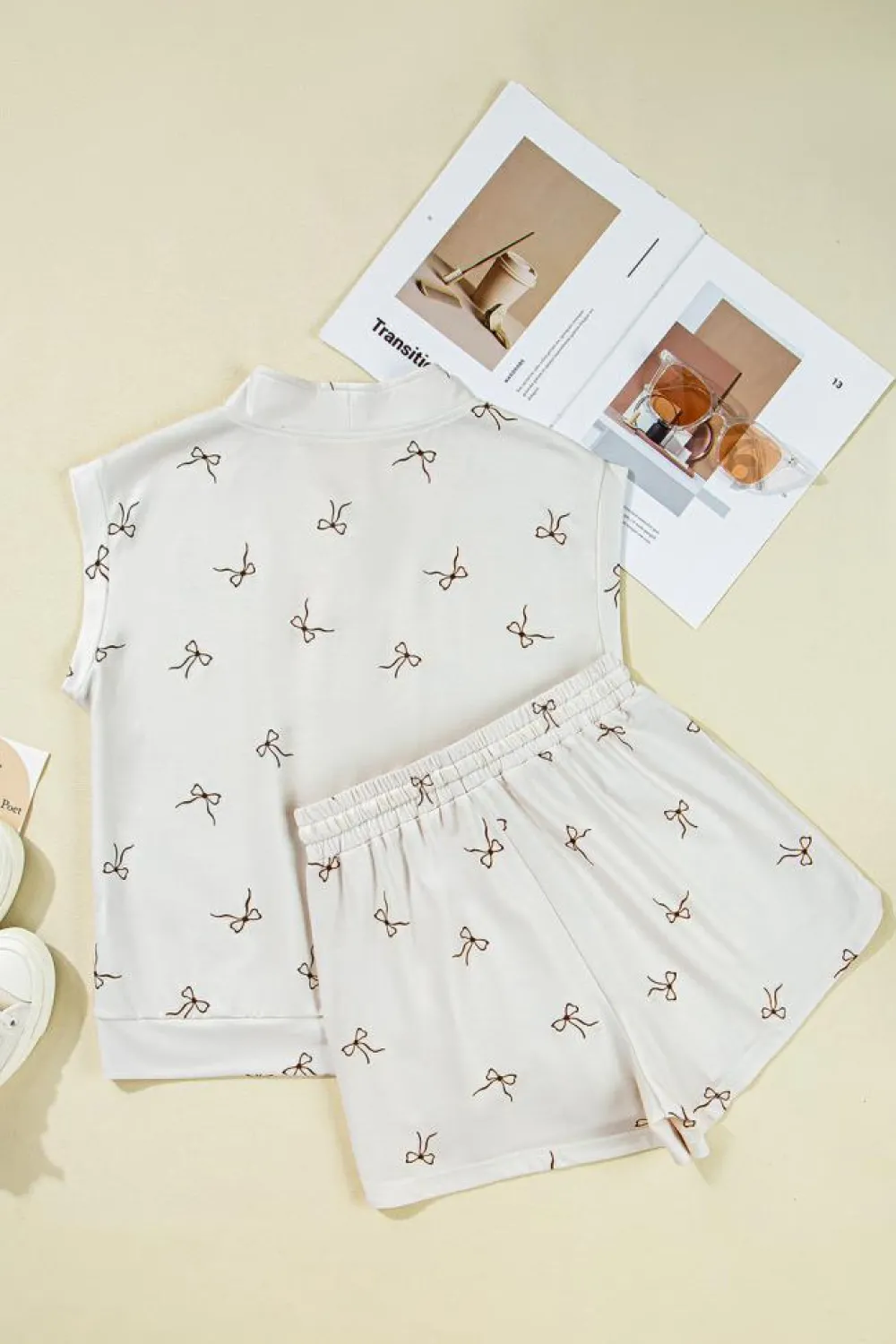 Online Dear-Lover Bow Print Half Zip Tank and Shorts 2pcs Set Beige