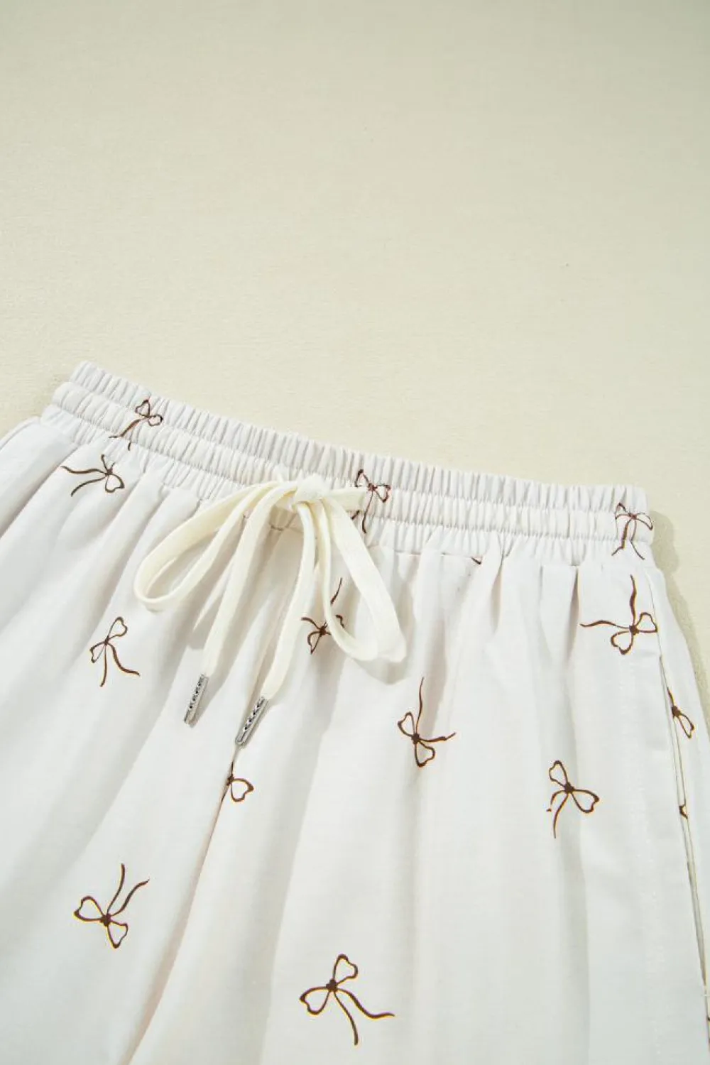 Online Dear-Lover Bow Print Half Zip Tank and Shorts 2pcs Set Beige