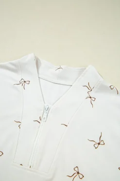 Online Dear-Lover Bow Print Half Zip Tank and Shorts 2pcs Set Beige