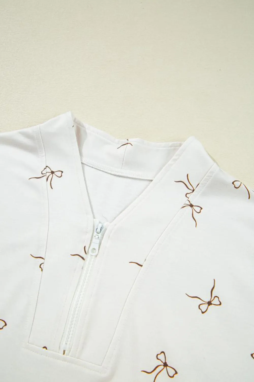 Online Dear-Lover Bow Print Half Zip Tank and Shorts 2pcs Set Beige