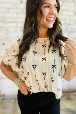 Discount Dear-Lover Bow Print Puff Short Sleeve Top Beige