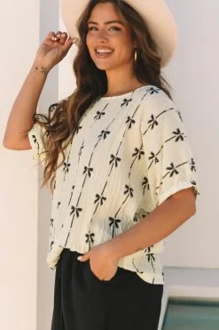 Discount Dear-Lover Bow Print Puff Short Sleeve Top Beige