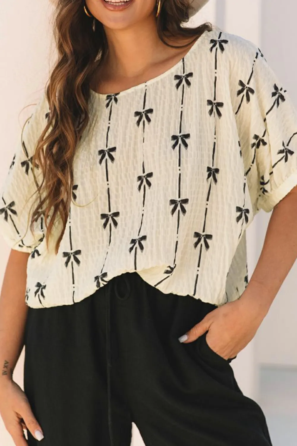 Discount Dear-Lover Bow Print Puff Short Sleeve Top Beige