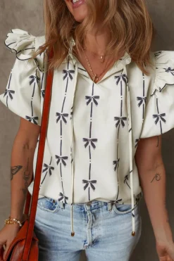 Clearance Dear-Lover Bow Printed Ruffled Bubble Sleeve Tied Notched V Neck Blouse Beige