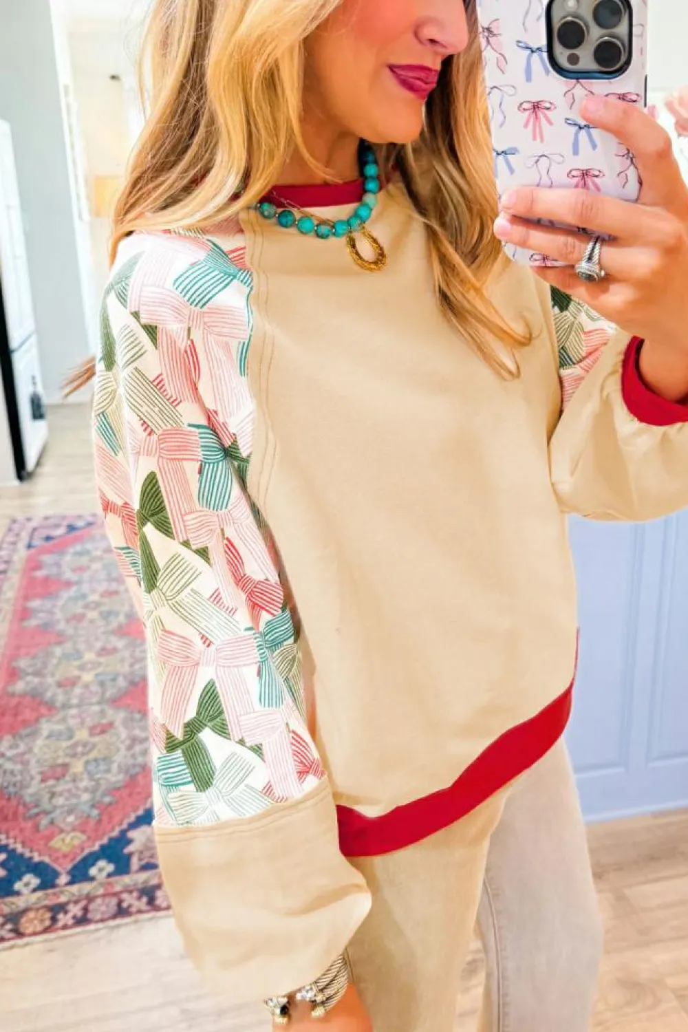 Outlet Dear-Lover Bowknot Printed Patchwork Raglan Sleeve Colorblock Edge Top Beige
