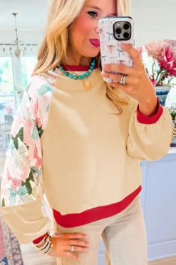 Outlet Dear-Lover Bowknot Printed Patchwork Raglan Sleeve Colorblock Edge Top Beige