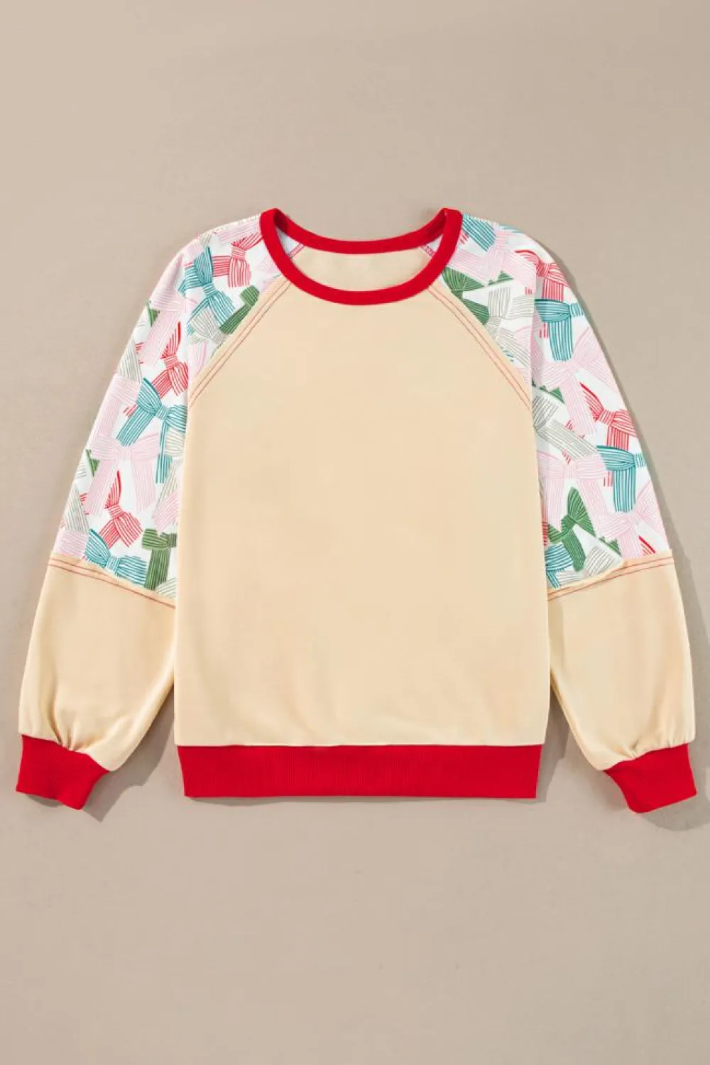 Outlet Dear-Lover Bowknot Printed Patchwork Raglan Sleeve Colorblock Edge Top Beige