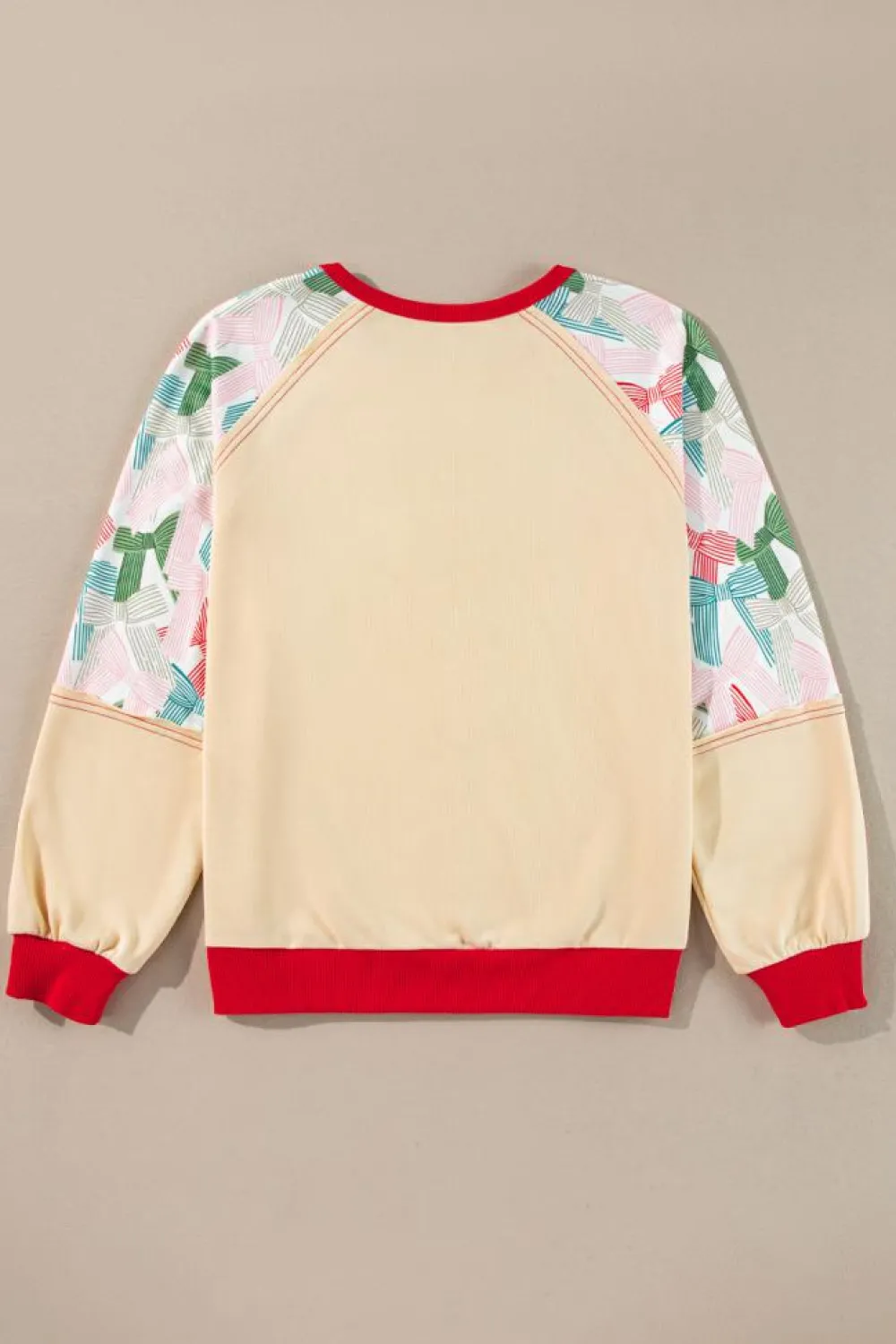 Outlet Dear-Lover Bowknot Printed Patchwork Raglan Sleeve Colorblock Edge Top Beige