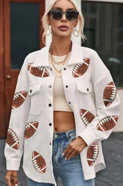 Discount Dear-Lover Bubble Gum Texture Sequined Rugby Football Shacket Beige