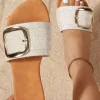 Best Dear-Lover Buckle Decor Linen Upper Flat Slippers Beige