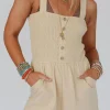 Sale Dear-Lover Buttons Smocked Sleeveless Romper Beige