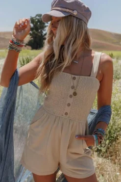 Sale Dear-Lover Buttons Smocked Sleeveless Romper Beige