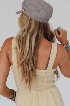 Sale Dear-Lover Buttons Smocked Sleeveless Romper Beige