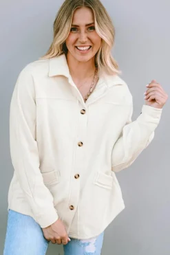 Clearance Dear-Lover Button-Up Stitching Pocket Raw Hem Shacket Beige