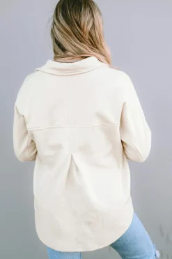 Clearance Dear-Lover Button-Up Stitching Pocket Raw Hem Shacket Beige