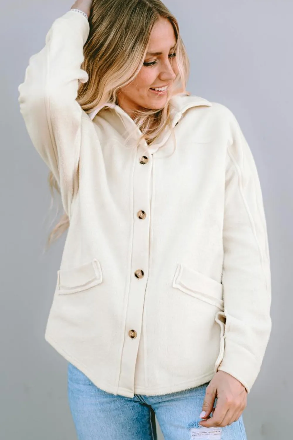 Clearance Dear-Lover Button-Up Stitching Pocket Raw Hem Shacket Beige