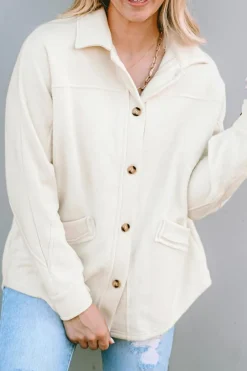 Clearance Dear-Lover Button-Up Stitching Pocket Raw Hem Shacket Beige
