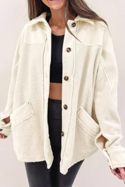 Clearance Dear-Lover Button-Up Stitching Pocket Raw Hem Shacket Beige