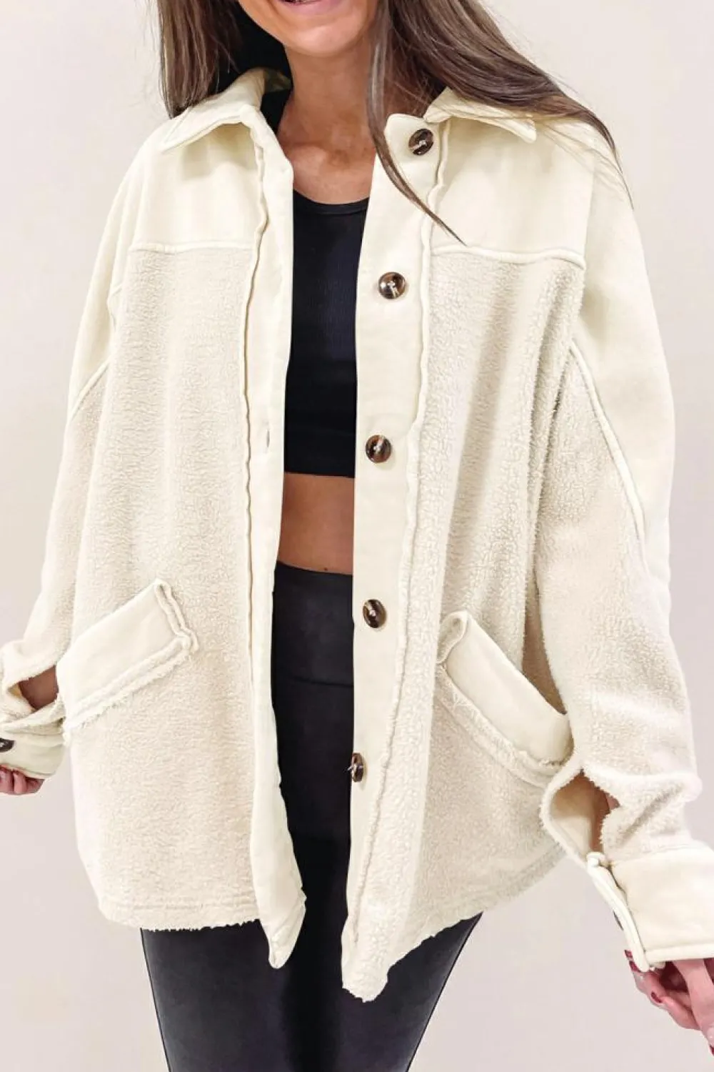 Clearance Dear-Lover Button-Up Stitching Pocket Raw Hem Shacket Beige