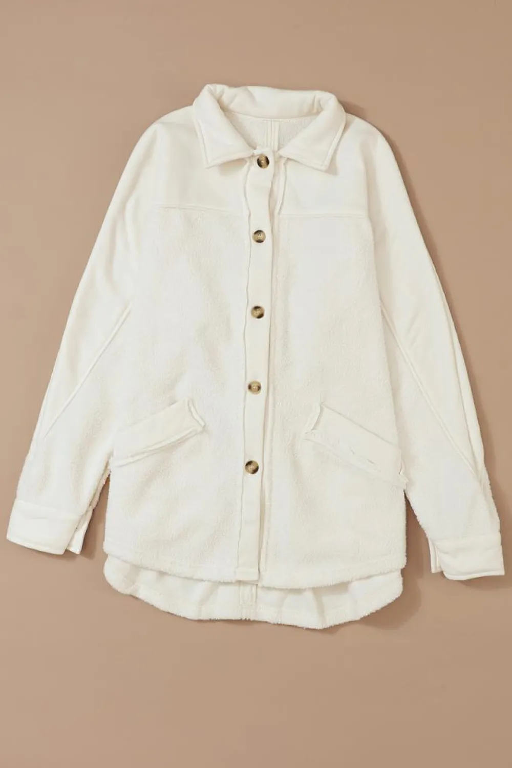 Clearance Dear-Lover Button-Up Stitching Pocket Raw Hem Shacket Beige