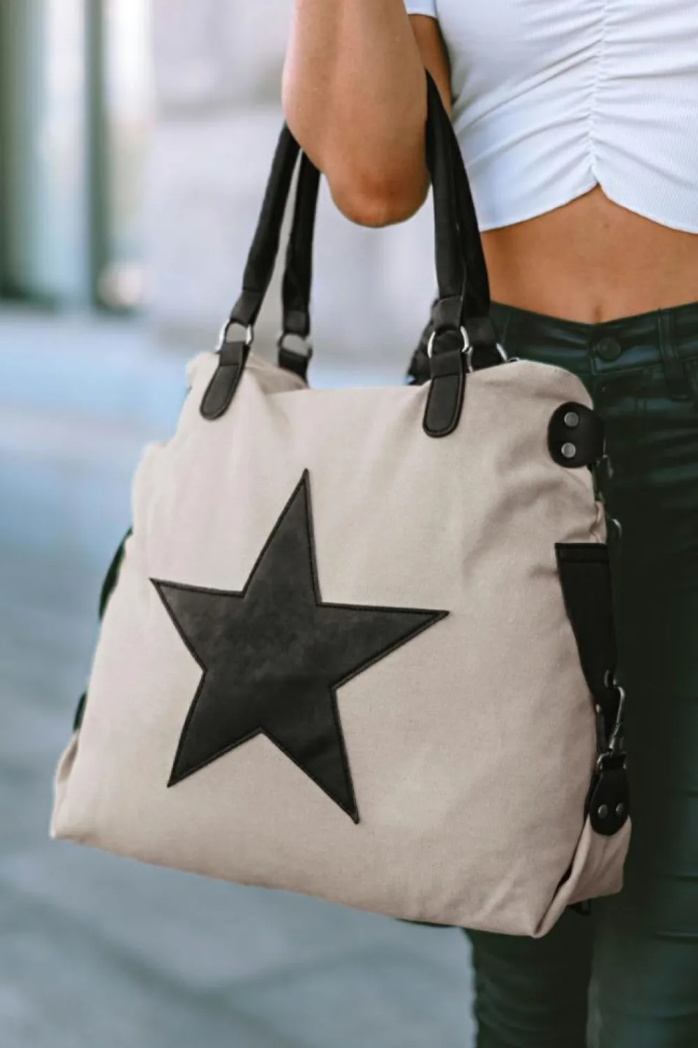 New Dear-Lover Casual Five-pointed Star Canvas Tote Bag Beige