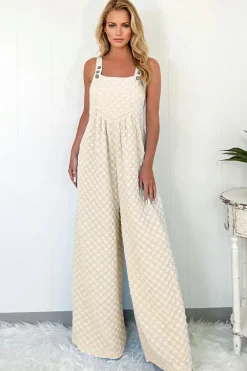 Outlet Dear-Lover Checkered Pocketed High Waist Wide Leg Overall Beige