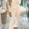 Outlet Dear-Lover Checkered Print Long Sleeve Top and Pants Lounge Set Beige