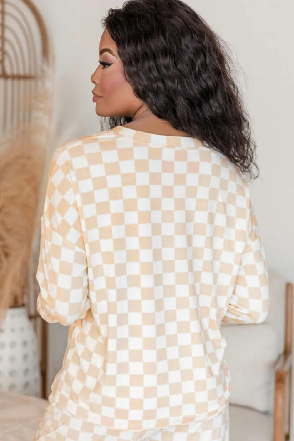 Outlet Dear-Lover Checkered Print Long Sleeve Top and Pants Lounge Set Beige