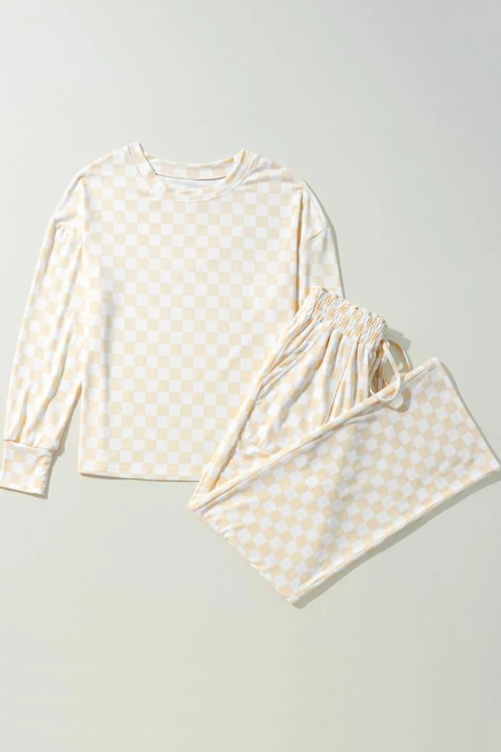 Outlet Dear-Lover Checkered Print Long Sleeve Top and Pants Lounge Set Beige
