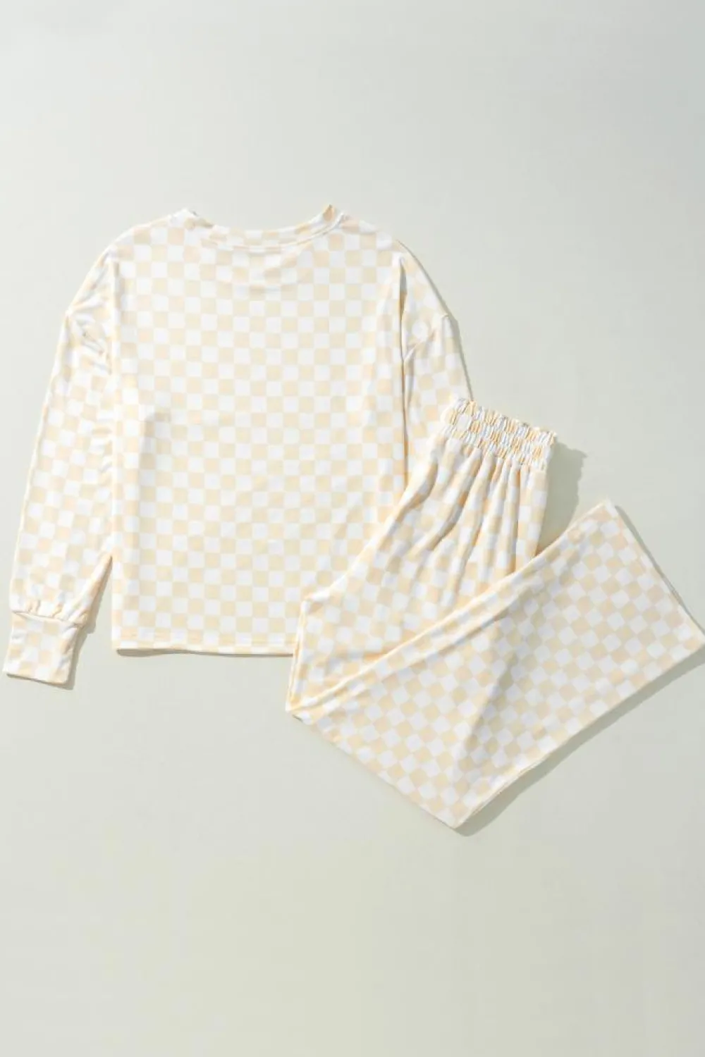 Outlet Dear-Lover Checkered Print Long Sleeve Top and Pants Lounge Set Beige