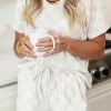 Sale Dear-Lover Checkered V Neck Tee Drawstring Shorts Lounge Set Beige