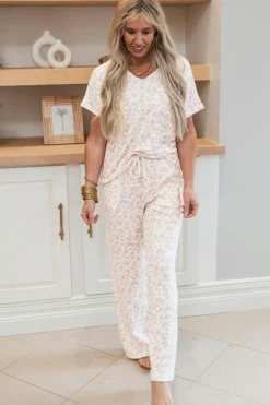 Hot Dear-Lover Cheetah V Neck Tee and Pants Lounge Set Beige