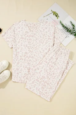 Hot Dear-Lover Cheetah V Neck Tee and Pants Lounge Set Beige