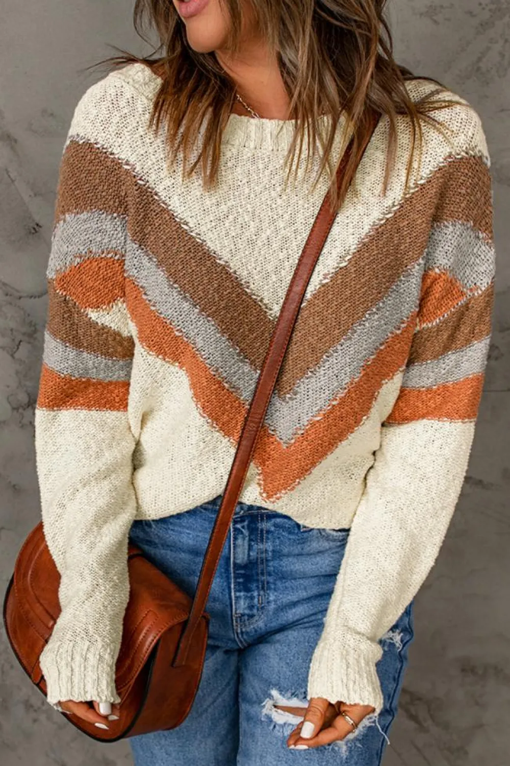 Hot Dear-Lover Chevron Striped Drop Shoulder Sweater Beige
