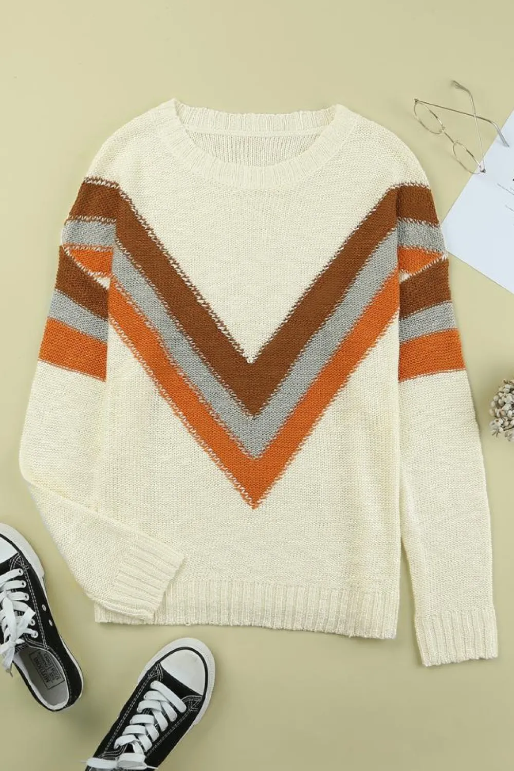 Hot Dear-Lover Chevron Striped Drop Shoulder Sweater Beige
