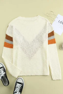 Hot Dear-Lover Chevron Striped Drop Shoulder Sweater Beige