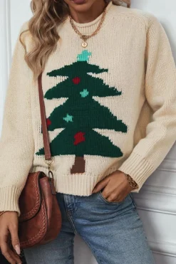 Clearance Dear-Lover Christmas Tree Pullover Graphic Sweater Beige